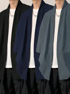 Men's Open Front Cardigan Jacket Japanese Kimono Style Buttonless Breathable Fabric Loose Fit Medium Length /dark Blue/dark
