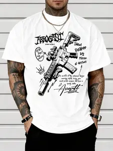 Men's Short Sleeve T-Shirt with Gun Letter Print, Fashion Round Neck Top, Streetwear, Comfortable Fabric, Casual Outdoor Wear