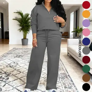 Two-piece Set Women's Solid Zip Up Funnel Neck Sweatshirt & Drawstring Waist Pants Casual Fashion Cozy Drop Shoulder Long Sleeve Top & Pocket Trousers for Daily Outdoor Wear Women's Clothing for Fall & Winter Workout Sets Basic Womenswear Suits