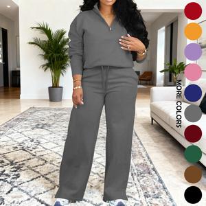 Two-piece Set Women's Solid Zip Up Funnel Neck Sweatshirt & Drawstring Waist Pants Casual Fashion Cozy Drop Shoulder Long Sleeve Top & Pocket Trousers for Daily Outdoor Wear Women's Clothing for Fall & Winter Workout Sets Basic Womenswear Suits Fitted