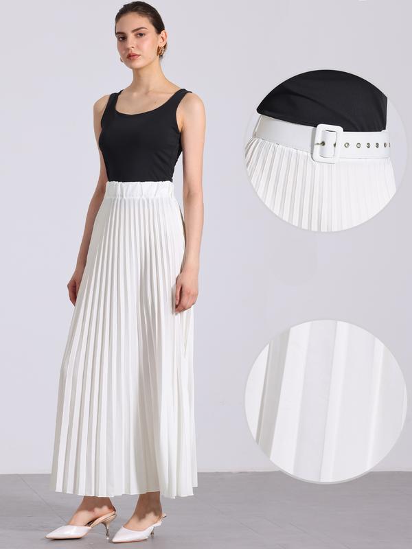 INSPIRE CHIC Flowy Pleated Elastic High Waist with Belt Swing A-line Chic Maxi Skirt White