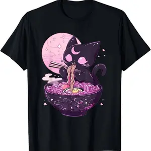 Kawaii Black Cat Ramen Graphic Cotton Short Sleeve T-Shirt - Round Neck Unisex Tops Tees T-Shirts, Foodie Casual Daily Wear