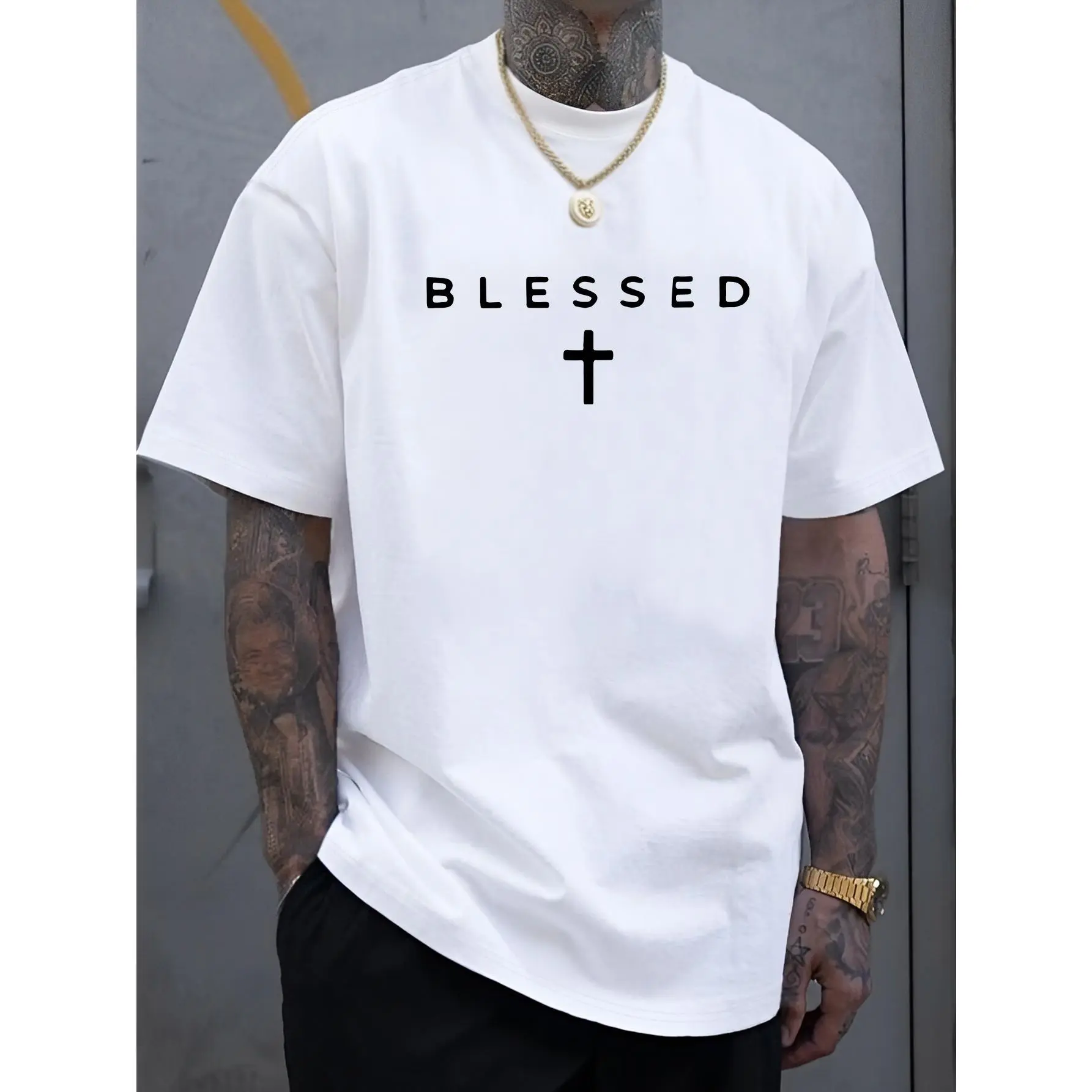 Men’s Faith-Inspired Black Graphic Tee with Cross and Blessed Print, Soft Lightweight Cotton Crewneck Short Sleeve Shirt for Summer Comfort and Everyday Casual Outfits