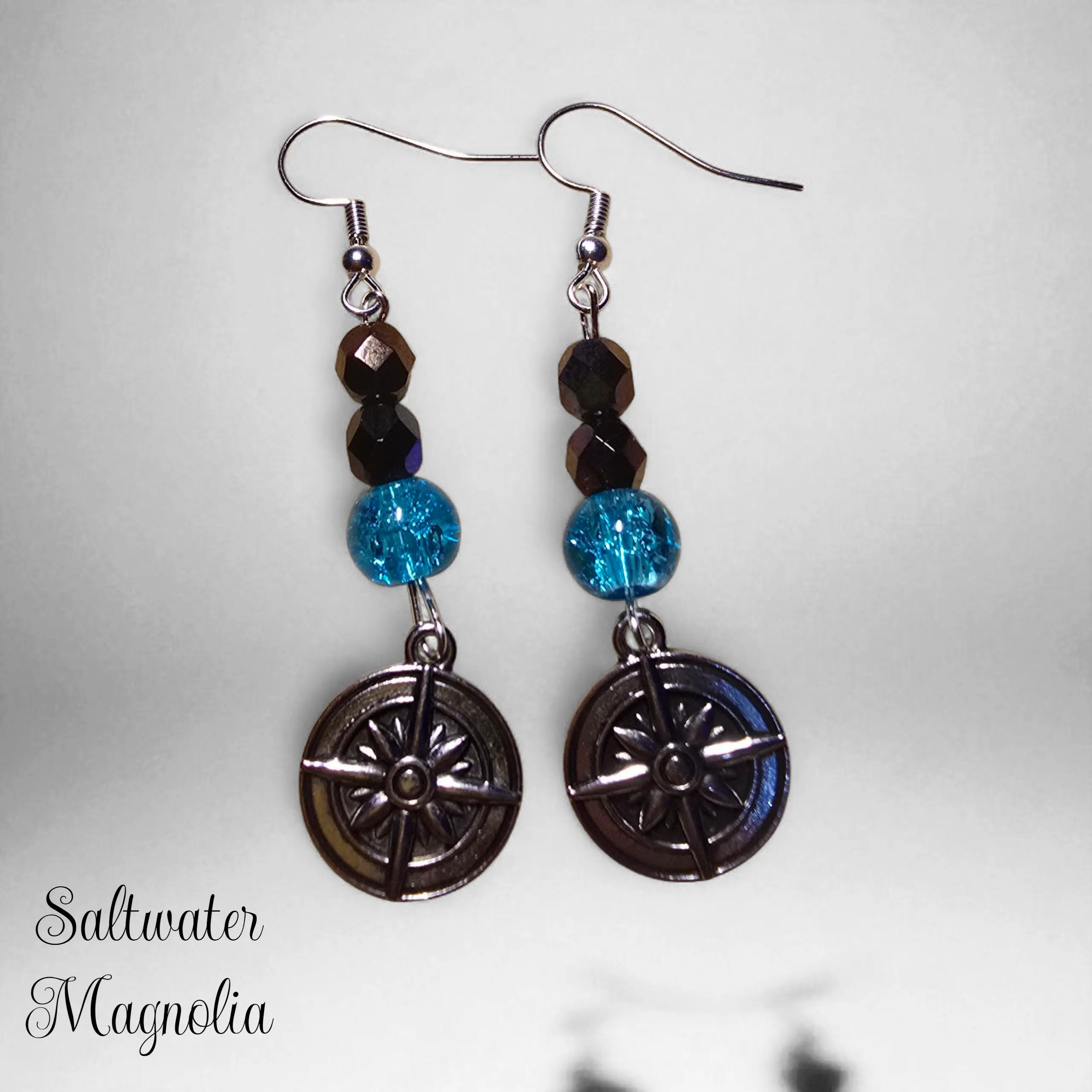 Saltwater Magnolia Ocean Navigator Handmade Earrings with Bold Black Faceted Beads & Vibrant Ocean-Blue Glass for Explorers