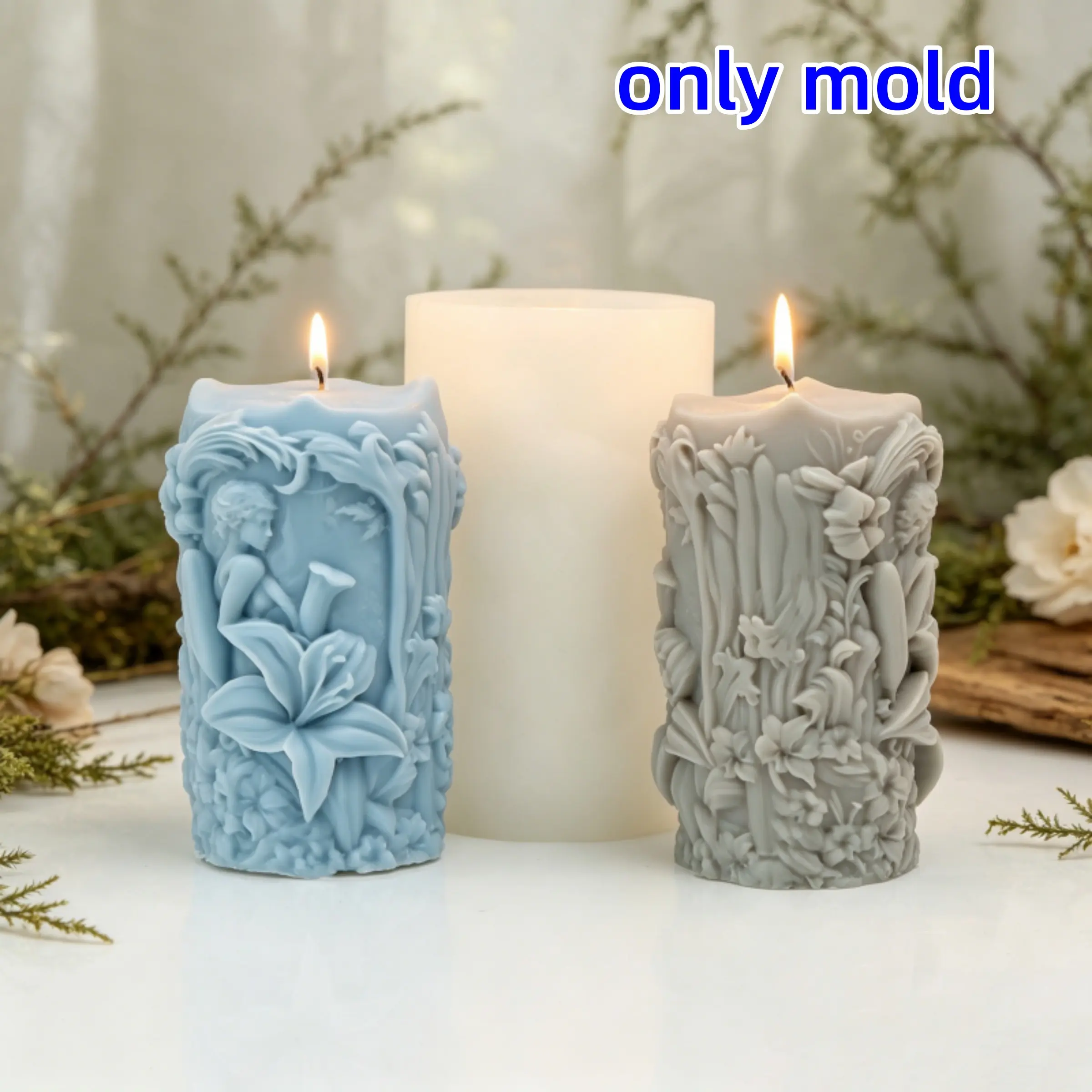Relief Floral Fairy Candle Mold 3D Lily Flower Angel Pillar Silicone Mold Romantic Garden Column Plaster Making DIY Candle Soap Resin Art Home Decor Wedding Gift