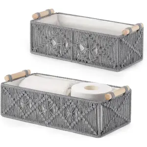 Macrame Storage Baskets Boho Decor Box  Woven Decorative Countertop Toilet Tank Shelf Cabinet Organizer for Bedroom Livingroom , Set of 2, Grey