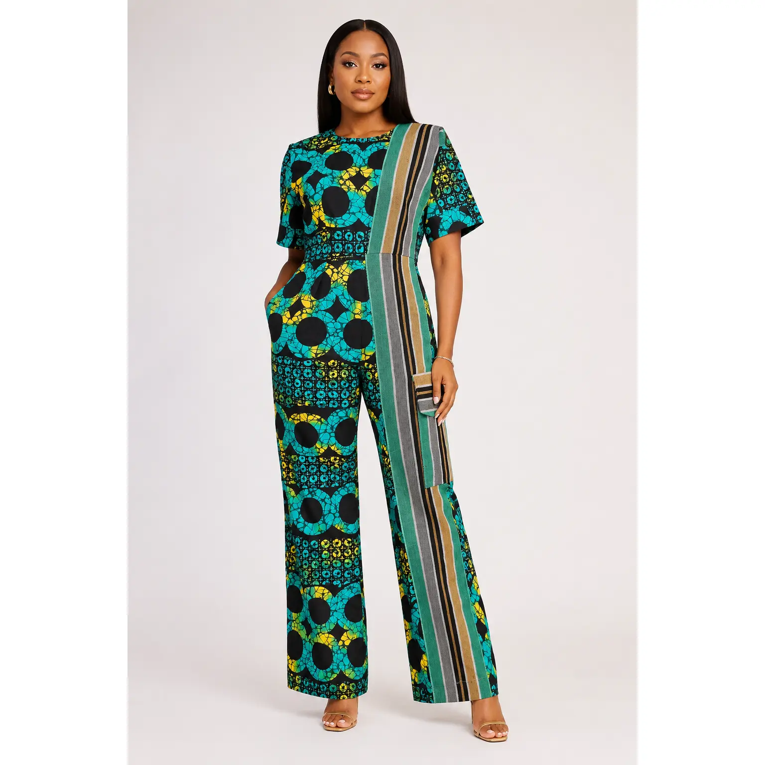 Ankara Aso Oke Jumpsuit African Print Wide Leg Jumpsuit Teal Green Mixed Print Short Sleeve Women Wedding Guest African Occasion Jumpsuit