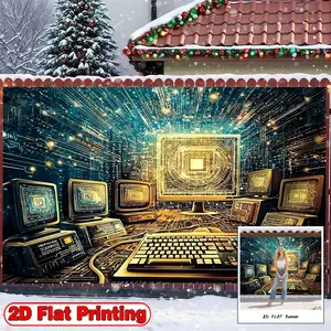 2D Flat Banner, 1pc Digital Futuristic Computer Gold Theme - Polyester Fabric Photography Backdrop & Party for Christmas, Happy New Years Decor, Versatile Indoor & Outdoor Event Background, No Power Needed