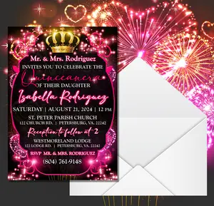 Pink Fireworks Elegant Quinceanera invitations, quince invitations, quiceañera invitations 5 in. x 7 in. Invitations with envelopes