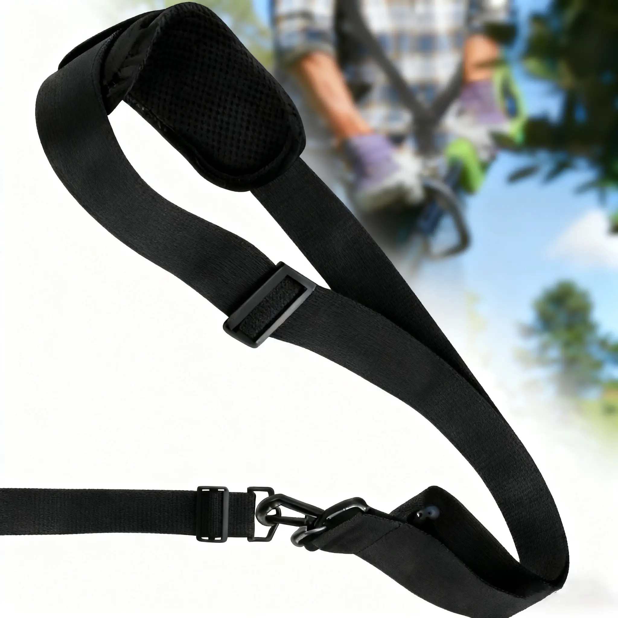Adjustable Nylon Fabric Weed Eater Harness with 3.5cm/1.4in Shoulder Strap, Universal Fit Lawn Tool Harness for String Trimmer, Leaf Blower, 7.5*20cm Shoulder Pad Lawn Work Helper (1 Black Strap)