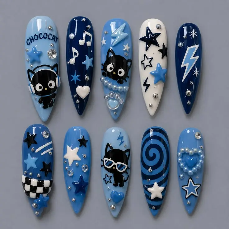 Chococat Blue Y2K Press On Nails | Kawaii Sanrio 3D Cartoon Nail Box with Stars, Rhinestones & Cute Charms |FREE Adhesive Tabs  Nail File Cuticle Stick