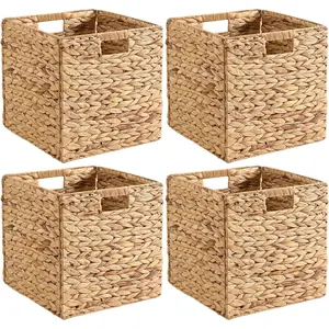 Handwoven Water Hyacinth Storage Baskets set of 4 Foldable Cube Bins Storage Oragnizer for Cabinet Shelf Bedroom Living Room (Natural, 13" L x 13" W x 13" H)