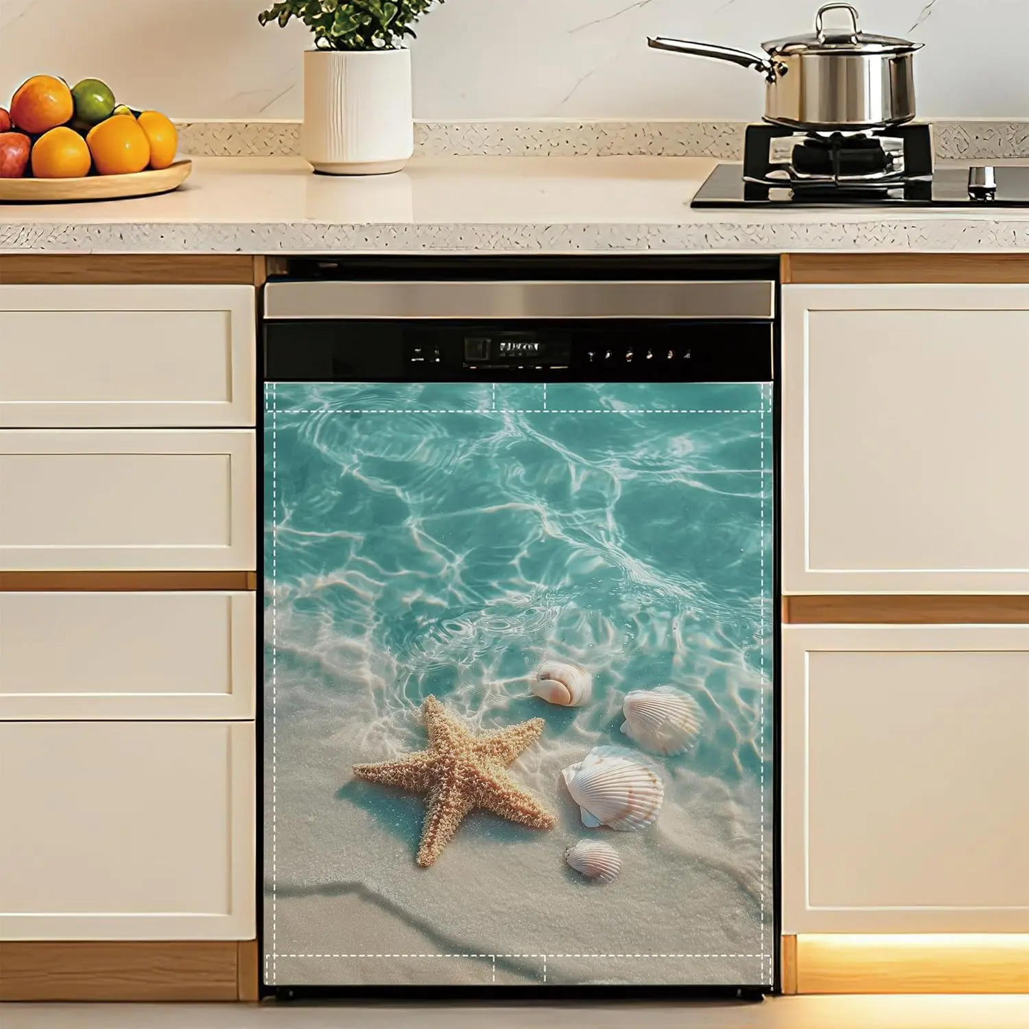 Rectangle Metal Magnetic Dishwasher Magnet Cover - Coastal Beach Starfish Seashell Farmhouse Home Decor, Reusable Waterproof 23x26 in Kitchen Appliance Refrigerator Panel Cover, Ideal Gift