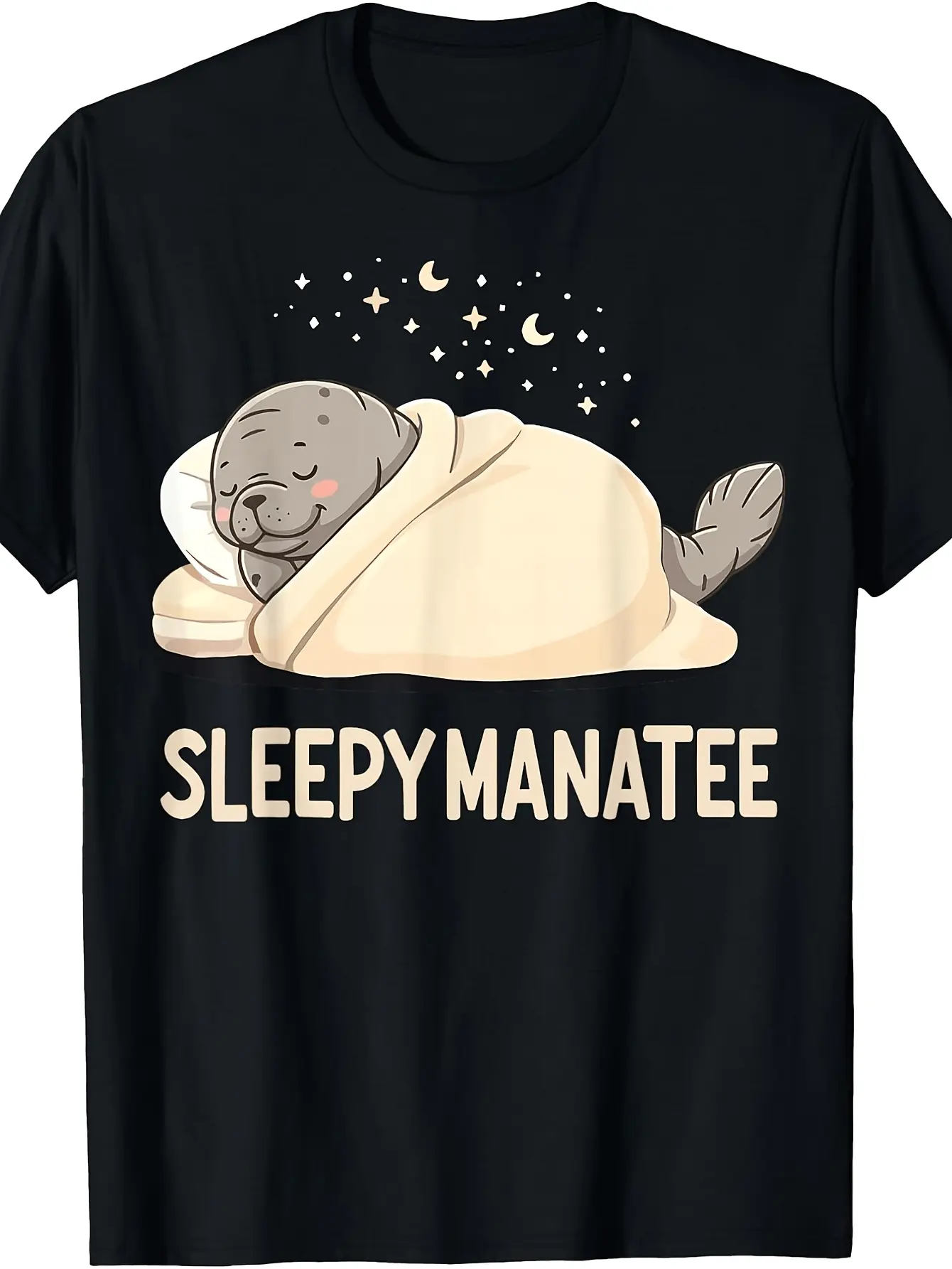 Cute Manatee Sleep T-Shirt.jpg unisex soft cotton short sleeve t shirt, vintage graphic casual tee for men women teens, perfect birthday holiday gift for camping travel gym daily street  wear