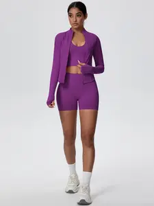 3 Piece Women's Sports Tank Top,Stand Collar Long Sleeve Jacket High Waisted Shorts Set, Highly Elastic Comfortable Breathable Sweat Wicking Workout Bra Sports Outfits Sportswear Running Fitness Cycling Running Fitness Casual Yoga Shorts for Women