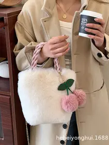 2026 New Cherry Bag for Girls, Plush Thick Handbag, Fall Winter Fuzzy Tote, Single Shoulder Crossbody Bag, Fashion Accessory