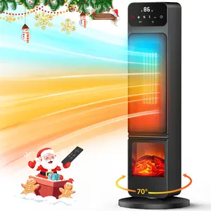 RISEON Tower Fan and Heater Combo 1500W PTC Electric Fireplace Heater with 3D Flame 90° Oscillation Space Heater Fan for Indoor Use Child Lock Eco Mode 12h Timer Remote Control Home Office