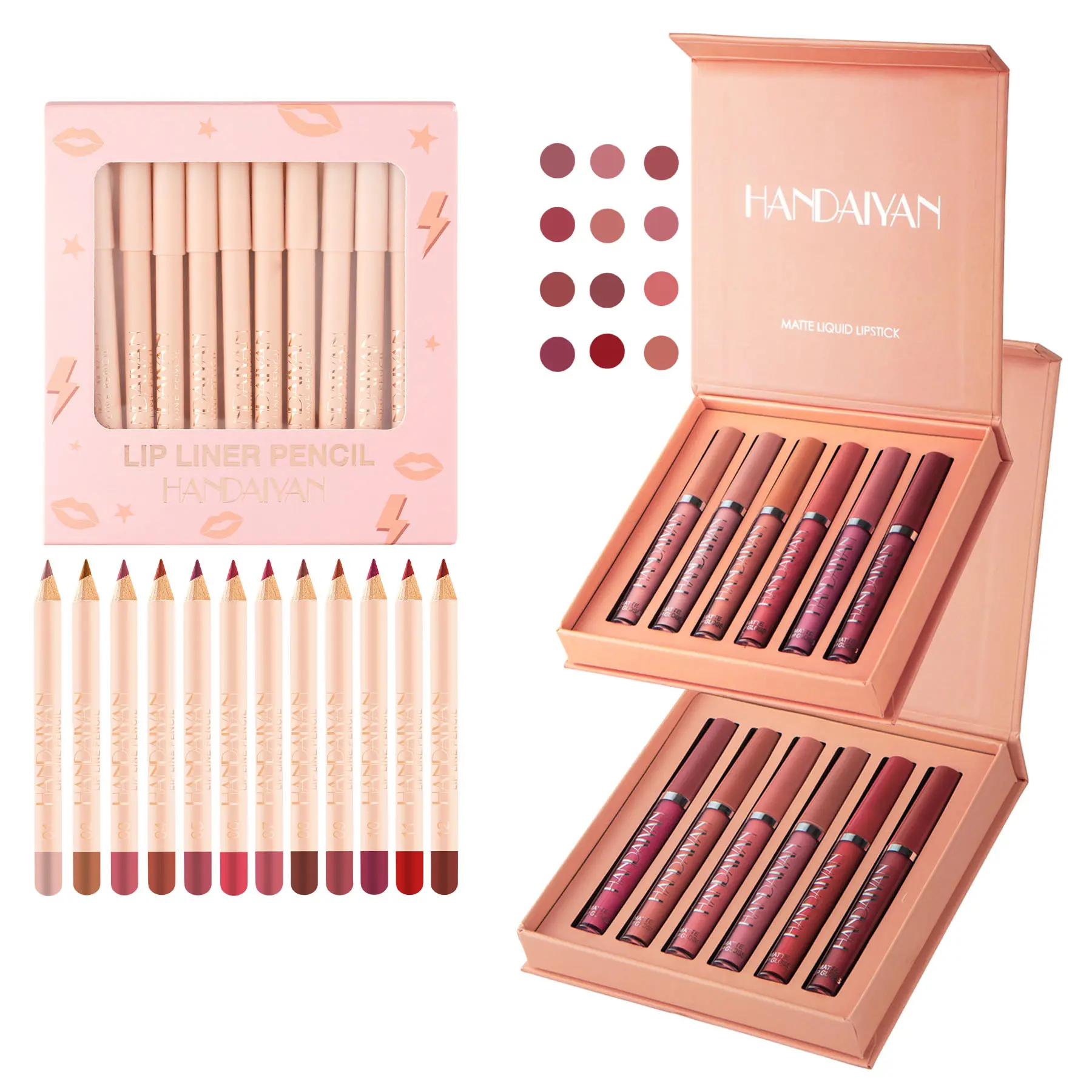 6-Piece Liquid Lipstick Lipgloss Set + 12-Color Iron Box Blush Palette, Non-Stick Satin Finish Lip Gloss, Concealer Highlighter Matte Blush, Lip Makeup Kit, Matte Lip Stain