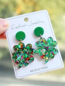 Acrylic Glitter Clover Earrings, Minimalist Retro Design, Perfect Party Accessory, Cute Floral Pattern, Suitable for All Seasons