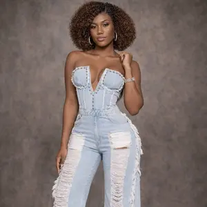 Main Character Fringe Denim Jumpsuit for Women - Stylish Overalls with Distressed Details and Fringe Accents - Womenswear Sleeveless