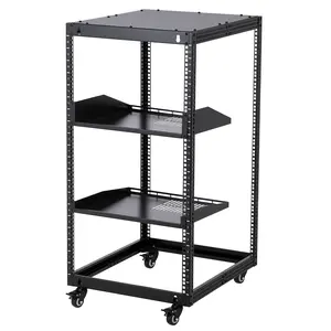 20U Adjustable Open Frame Server Rack – 22-40" Depth, 2 Ventilated Shelves, Lockable Casters, Floor or Wall Mount