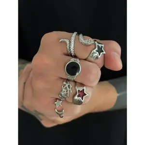 Men's punk-style silver serpentine ring set, multiple vintage rings, with gift box, all-season daily party accessories for men