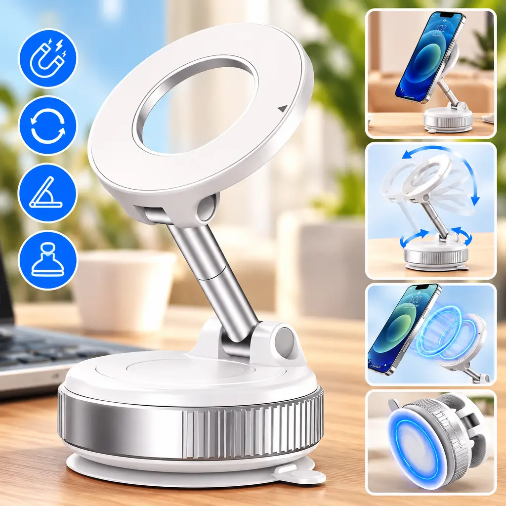 MagSafe Mechanical Vacuum Suction Magnetic Cellphone Car Mount - 360° Adjustable Hands-Free Dashboard Holder, Reusable Stand for Car & Home, Compatible with MagSafe iPhones & All Smartphones