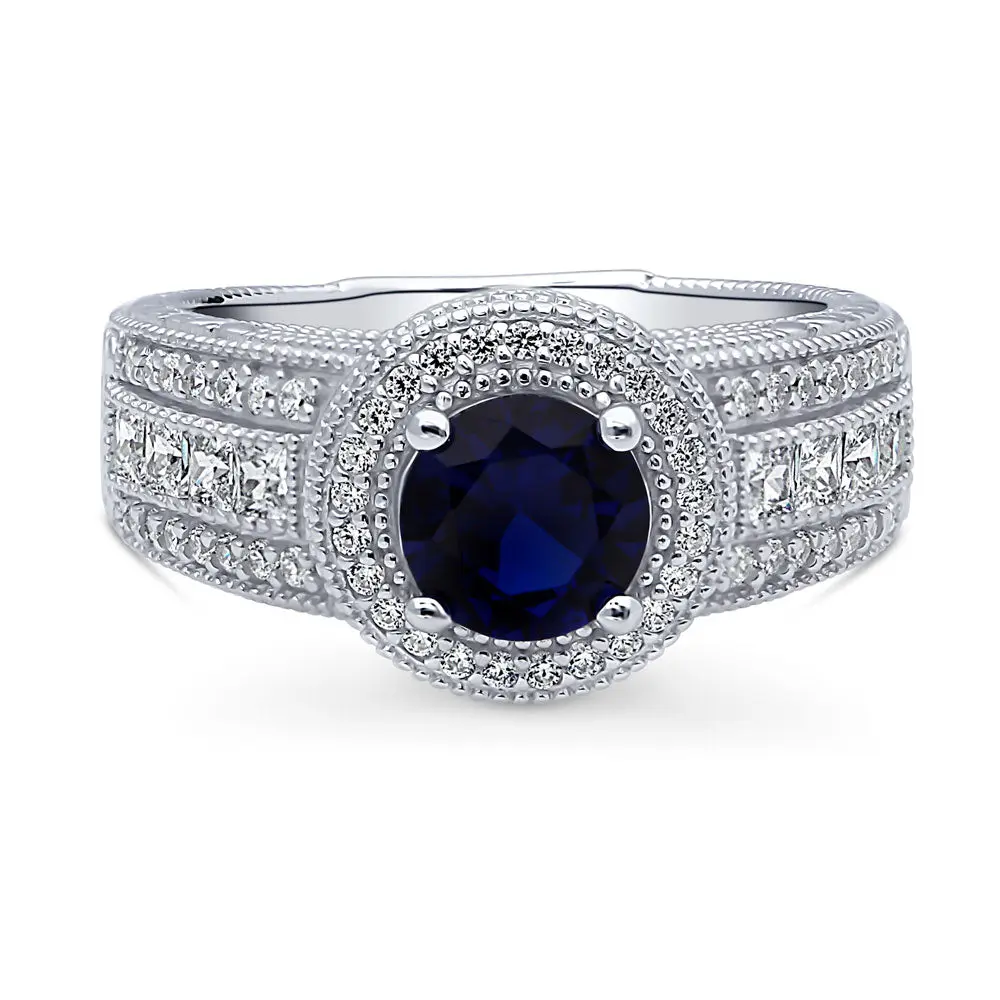 BERRICLE Sterling Silver Halo Milgrain Engagement Rings Statement for Women Men Unisex, Sapphire-Blue Round Cut Cubic Zirconia CZ Ring