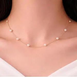 Gold Pearl Station Necklace – Minimalist Dainty Necklace for Women