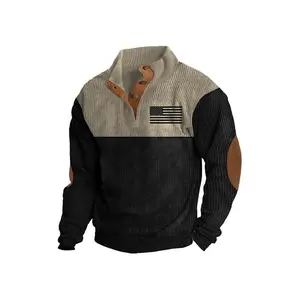 Men'S Patriotic American Flag Print Casual Stand Collar Long Sleeve Corduroy Sweatshirt - Extra Long Regular Fit Geometric Pattern Sweater for Casual Attire, Comfortable Clothing, Classic Knitwear, Durable Fabric, Everyday Outfit,