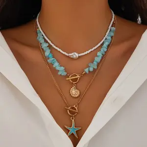 Baroque Layered Necklace for Women, 3-Tier Beaded Chain with Blue Stone Chips, Starfish & Conch Charms, Coastal Cowgirl Beach Vacation Costume Jewelry, 31Cm-40Cm