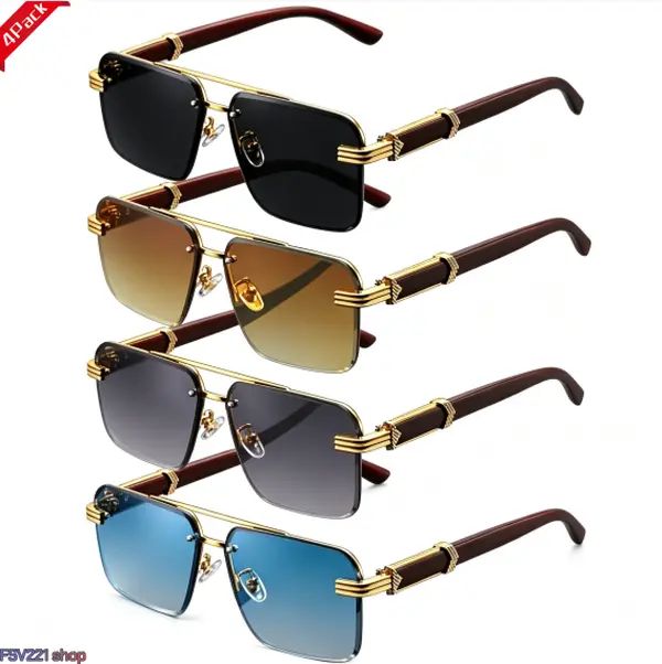 Men's Metal Sunglasses 4-Pack, Retro Semi-Rimless Eyewear with Gold Frames and Wood Temples, Scratch-Resistant Gradient Lenses for Driving, Eyewear Shades, High Quality Eyewear campingessentials