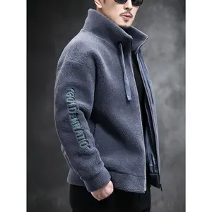 Warm Men's Wool-Blend Jacket, Zippered Casual Sports Coat with Knitted Polyester Lining, Embroidery Detail, Solid Color, Regular Fit for Outdoor, Running, Hiking, Baseball, Party, Youth Spring/Autumn/Winter