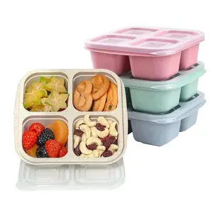 4PCS,Reusable Wheat Straw Snack Box Set, 4 Compartment Lunch Containers for Kids & Adults, Reusable Food Storage Boxes for Snacks & Meals