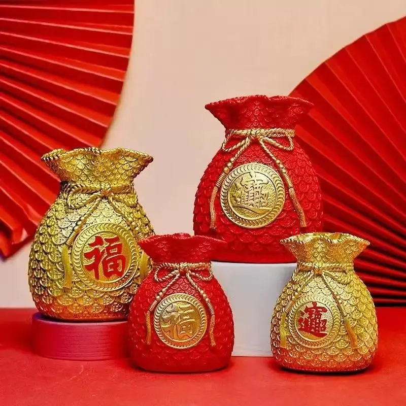 Chinese Gold Fortune Bag Money Box Decoration Items, Home Living Room Bar Cafe Decor, Wheat Sheaf Artificial Flower Display Ornament, Home Decor Ornaments