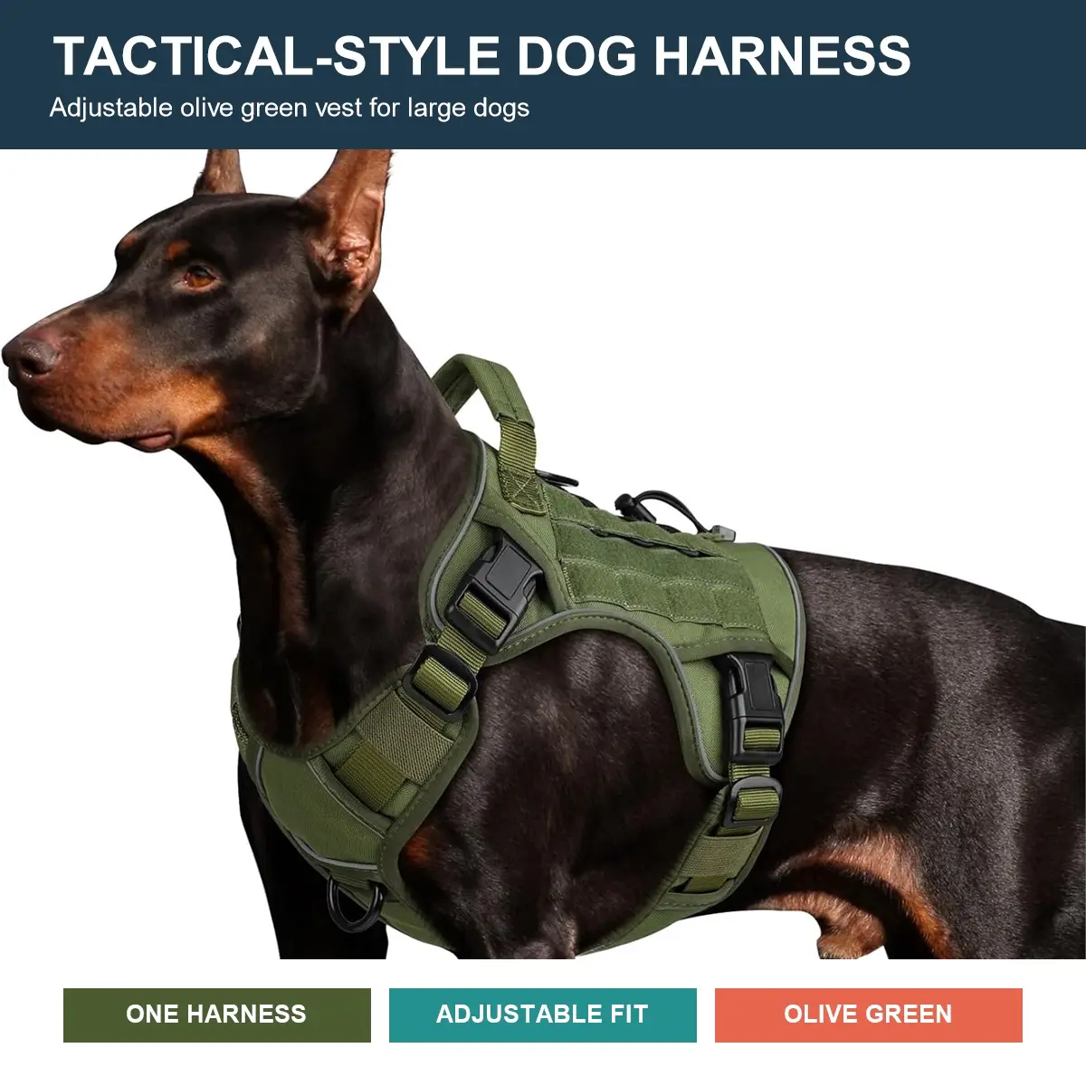 Olive Green Tactical-Style Dog Harness for Large Dogs with Front & Back D-Rings, Top Handle, Adjustable Straps and Reflective Trim