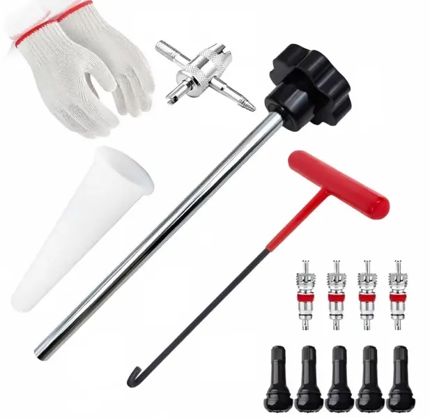 Tire Valve Stem & Core Removal Installation Hand Tool Kit, Universal TR413 Rubber Tire Valve Stems Replacement Set for Motorcycles, ATV, Lawn Mowers, Light Utility Vehicles