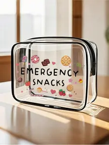 Emergency Snack Letter Printed PVC Wash Bag, Travel Storage Bag, Zipper Closure, Lightweight Waterproof Makeup Bag for Women Girls