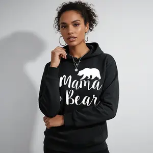 Women's Mama Bear Print Graphic Hoodie - Cotton Blend Black Long Sleeve Pullover Regular Fit | Soft & Breathable Fabric, Durable Print, Everyday Comfort, Machine Washable, casual and cozy relaxed wear