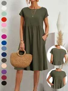 2026 Women  Summer Cotton Linen Solid Gauze Dress Loose Casual Beach Vacation Flowy Midi Dress with Pockets