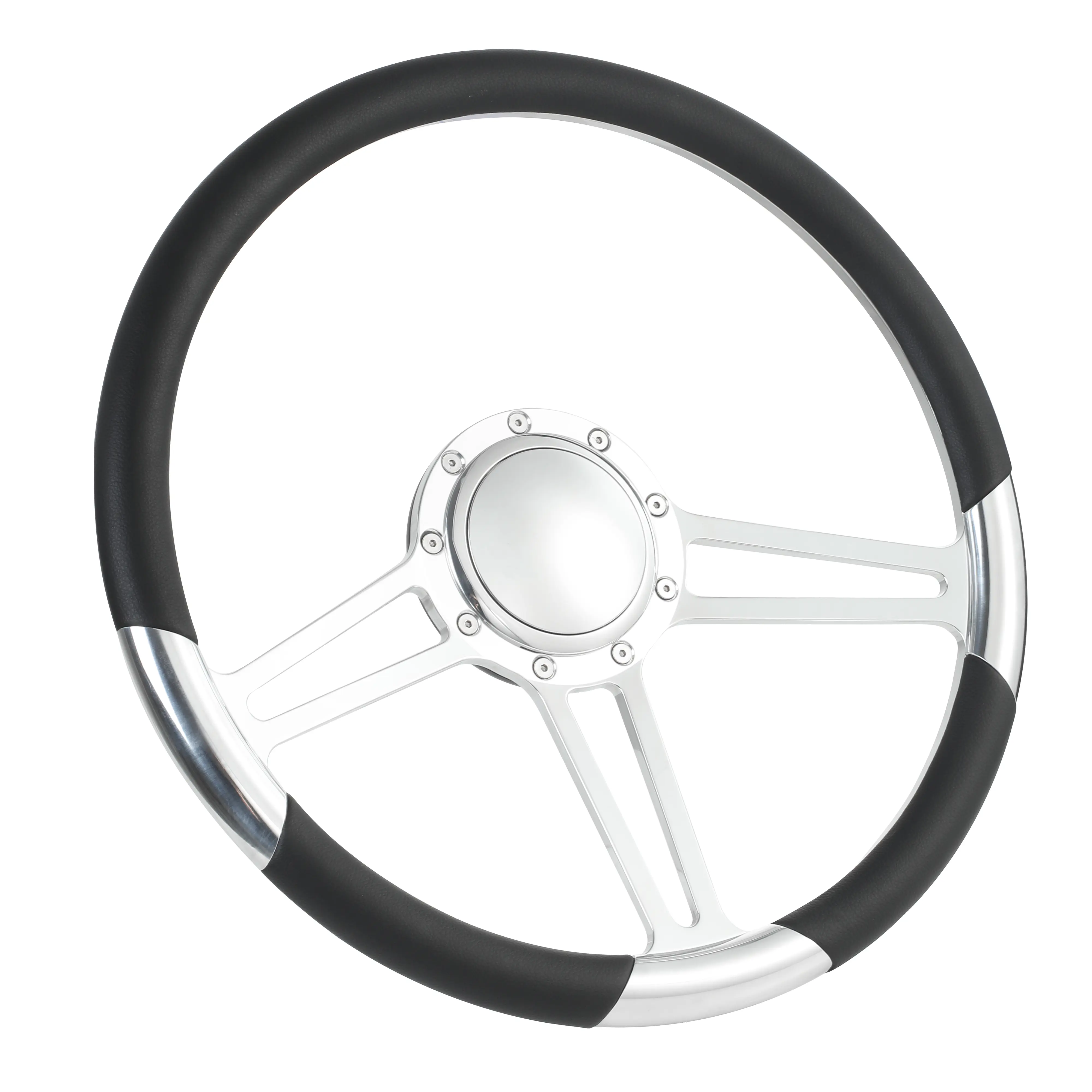 15.5 in Polished Aluminium Billet Steering Wheel, Black Half Wrap, Billet Horn Button, Comfortable Feel, Fits Most Aftermarket 9 Bolt Adapters for Firebird Chevy