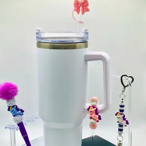 Unicorn Charm Set with tumbler mug, cup charm, bow straw topper, Heart Clip Keychain / backpack accessory & Fluffy Pom Pom Ink Pen Featuring Purple Pink Blue Beads Tassel Accents Cute Mythical Design for Unicorn Lovers