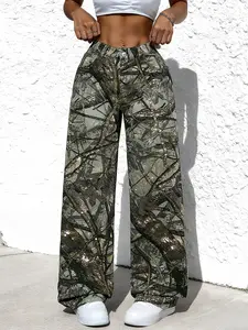 Women's  Front Button Pocket Washed Leopard Print Camouflage Print Straight Leg Jeans，Casual & Fashionable For Everyday Wear