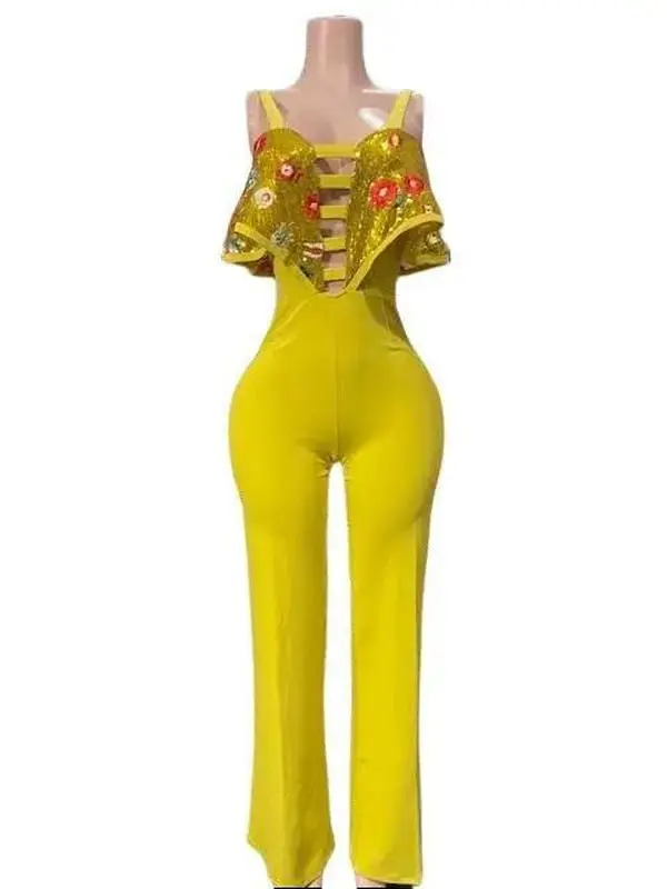Women's Yellow Jumpsuit with Sequin Details Elegant for All Occasions Perfect Fit and Stylish Design