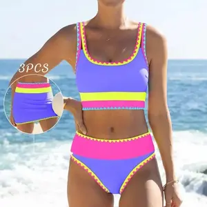 3 Piece Bikini Sets, Tummy Control & High Waisted Swimsuit with Adjustable Wide Shoulder Straps, Neon Color Sporty Swimsuit