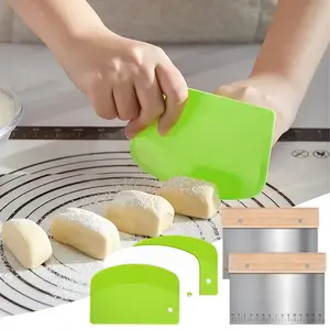 5PCS kitchen Bench Scraper, Included 2PCS Stainless Steel Dough Scraper with Wood Handle and 3PCS PP Food Scraper with Hanging Hole, Multipurpose Bread Dough Cutter for Baking