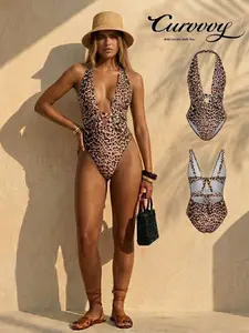 Curvvvy Swim 2026 Women’s Leopard Criss Cross Deep V Neck One Piece Swimsuit, Tummy Control Slimming Sexy Bathing Suit for Beach Summer Vacation