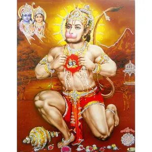 Unframed Art - Brave Lord hanuman HINDU GOD POSTER with glitter Picture 16x24 (1158) - Canvas Poster Decor Room Artistic Ornaments Wall Photo
