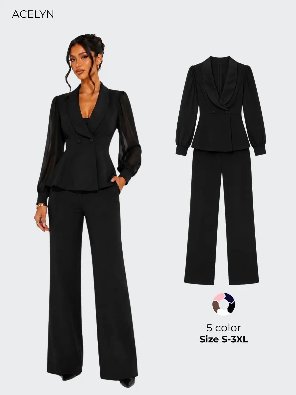 Women's Acelyn 2-Piece Pant Suit Set, Chiffon Mesh Sheer Sleeve Ruffle Peplum Blazer, Stretchy Straight Wide Leg Pants, Elegant Polyester Fabric for Business Casual Work Outfits (Accessories Compatible)