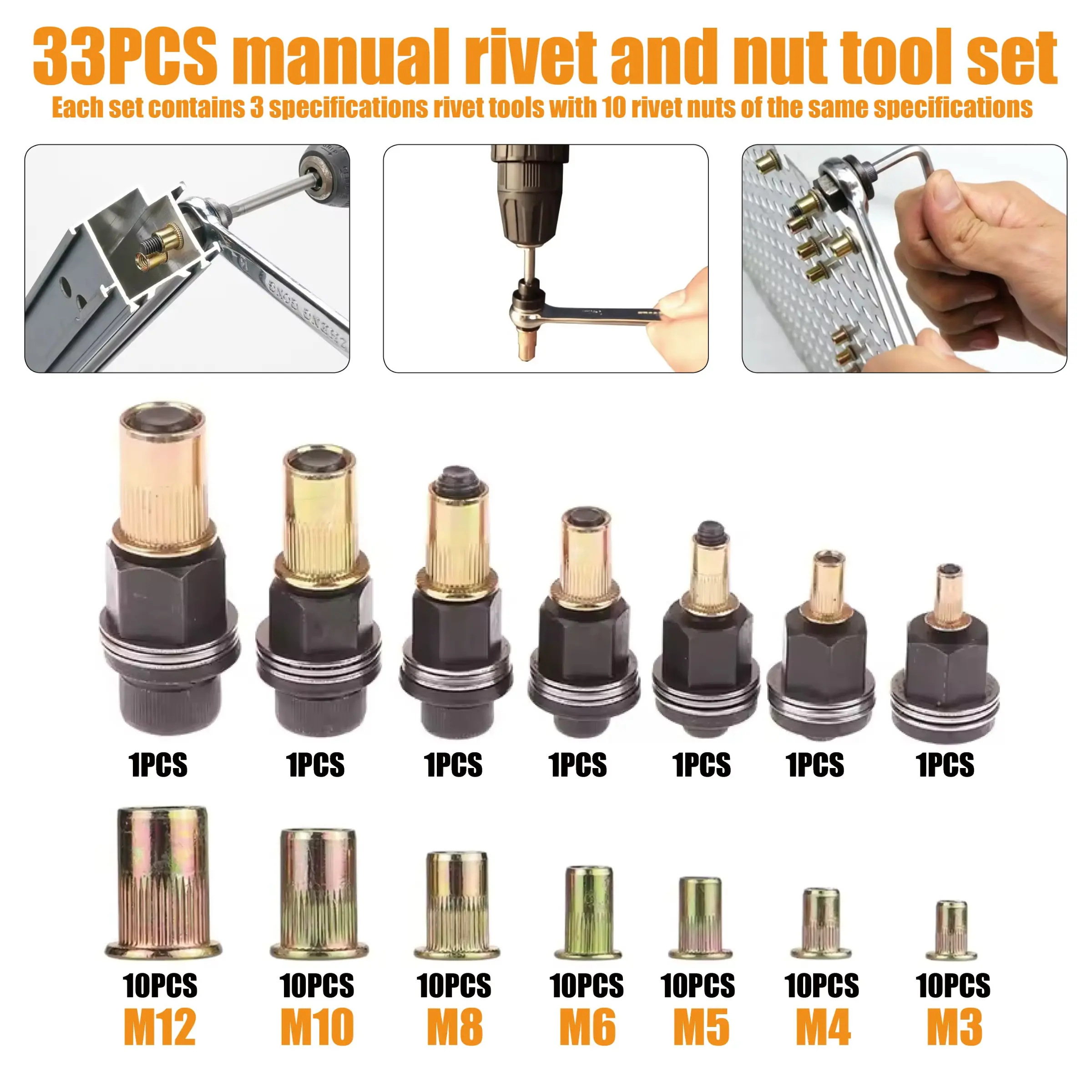 33pcs Manual Rivet Nut Tool Set, Hand Tools, Hardware, Three Specifications Combo, Easy Installation, 7 Sizes (m3-M12), Suitable for Car Home Industrial Metal DIY